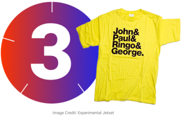 A circular split-image graphic: the left half shows a large white number "3" centered on a red-to-purple gradient background with clock-like tick marks; the right half features a bright yellow t-shirt with bold black text listing the names “John & Paul & Ringo & George.” The image is credited to Experimental Jetset.