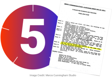 A circular split-image graphic: the left half shows a large white number "5" against a red-to-purple gradient background with white tick marks resembling a clock face; the right half displays a tilted typed document titled "RULES FOR STUDENTS AND TEACHERS FROM JOHN CAGE," with a highlighted portion under rule 7. The image is credited to Merce Cunningham Studio.
