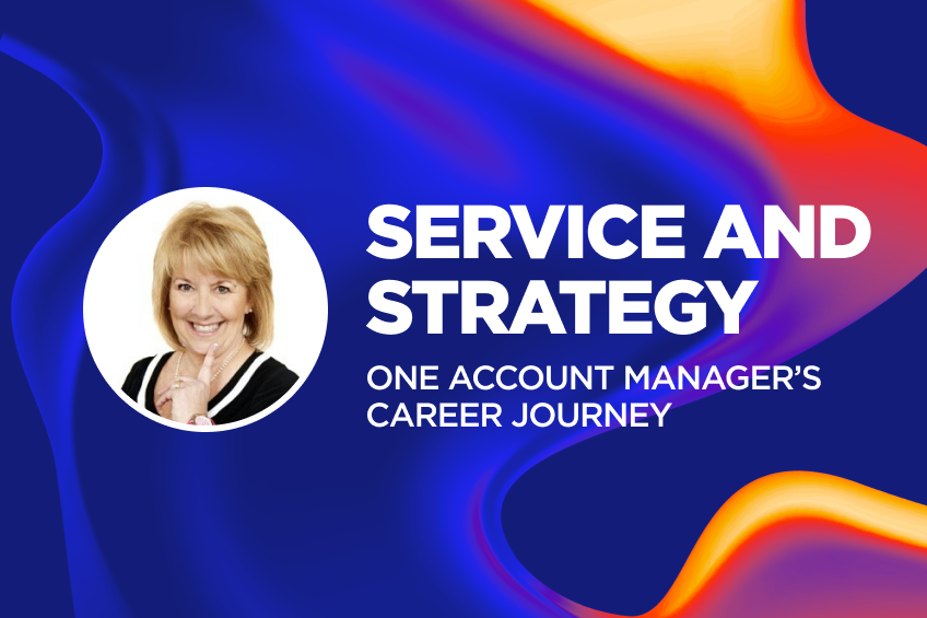 A promotional graphic with a swirling blue, red, and orange gradient background. On the left is a circular photo of a smiling blonde woman wearing a black top with a white trim. On the right, large bold white text reads: ‘Service and Strategy’. Below, smaller text reads: ‘One Account Manager’s Career Journey.'
