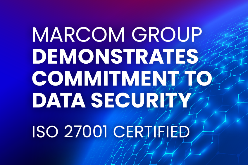 MarCom Group demonstrates commitment to data security – ISO 27001 Certified. Text over a futuristic blue and purple background featuring a digital hexagonal mesh globe.