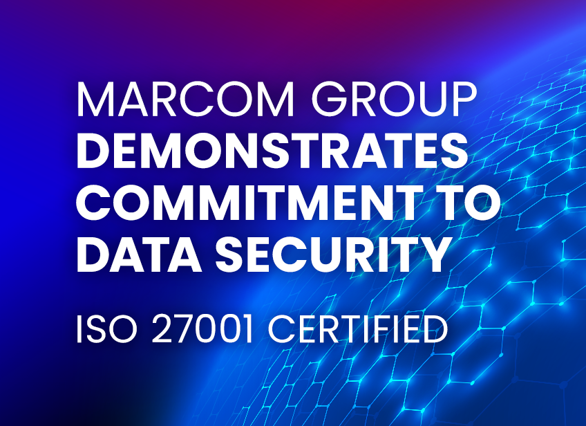 MarCom Group demonstrates commitment to data security – ISO 27001 Certified. Text over a futuristic blue and purple background featuring a digital hexagonal mesh globe.