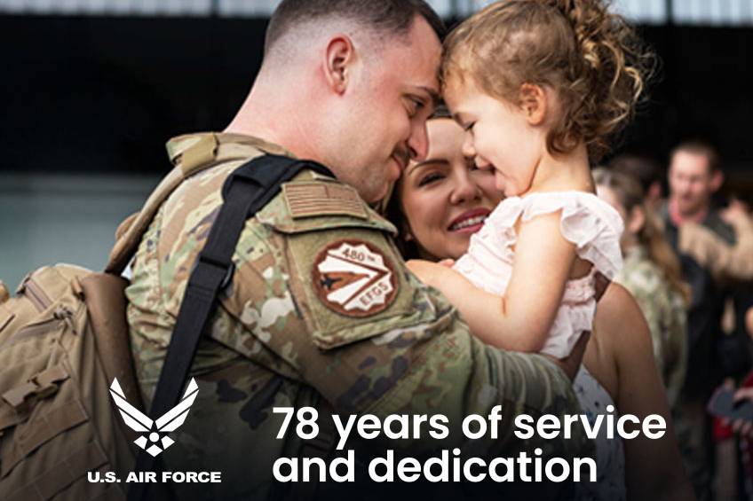 U.S. Air Force member embraces his smiling daughter and partner, with text reading “78 years of service and dedication.”