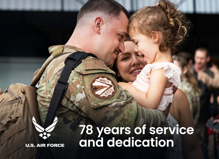 U.S. Air Force member embraces his smiling daughter and partner, with text reading “78 years of service and dedication.”