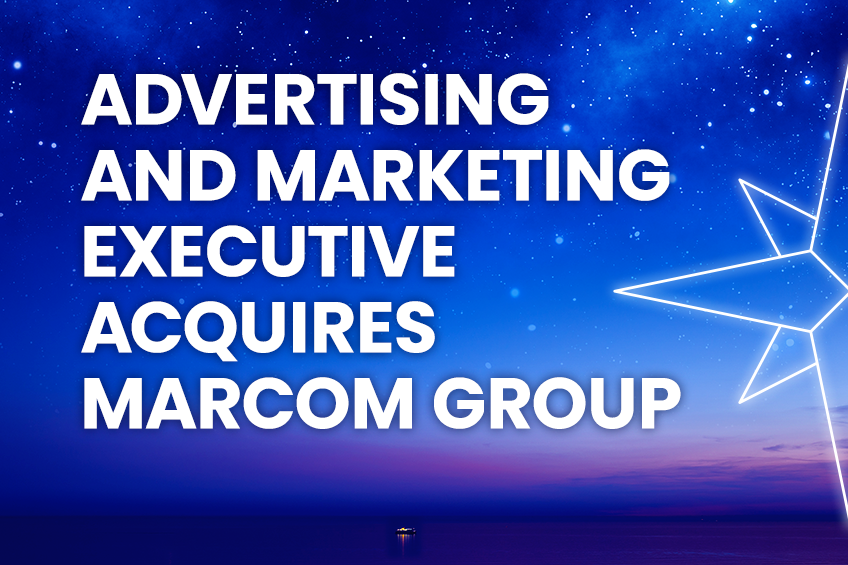 Headline reads “Advertising and Marketing Executive Acquires MarCom Group” over a starry blue sky background with a glowing geometric star design.