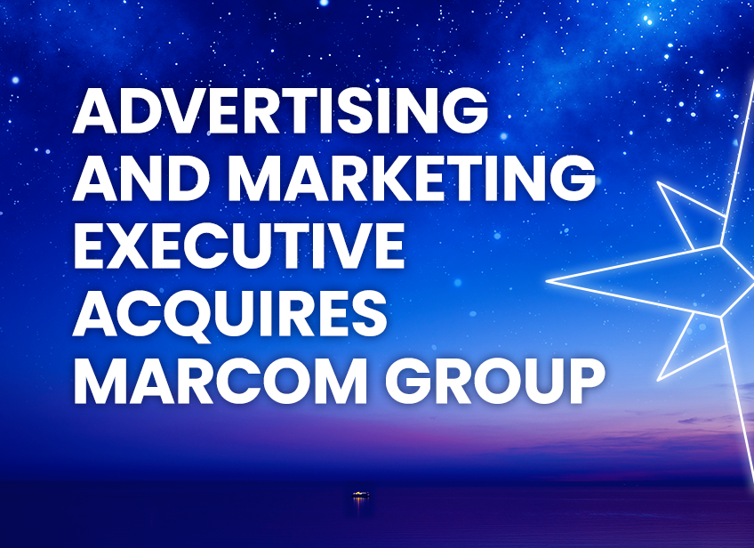 Headline reads “Advertising and Marketing Executive Acquires MarCom Group” over a starry blue sky background with a glowing geometric star design.
