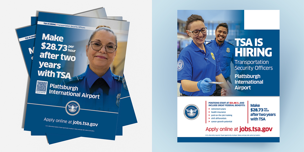 Selection of printed recruitment materials featuring TSA workers.