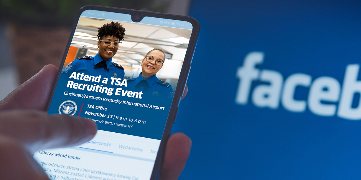 TSA recruiting event digital ad mocked up on mobile device.
