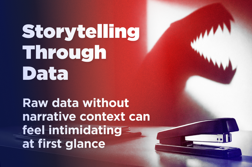 “Storytelling Through Data” headline over a desk scene with a stapler and papers, cast in dramatic lighting with a dinosaur-like shadow in the background.