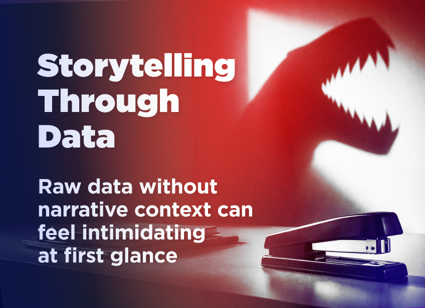 &ldquo;Storytelling Through Data&rdquo; headline over a desk scene with a stapler and papers, cast in dramatic lighting with a dinosaur-like shadow in the background.