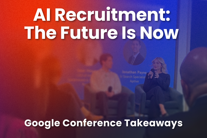 Graphic reading “AI Recruitment: The Future Is Now” over a blurred conference panel, with the subhead “Google Conference Takeaways.”