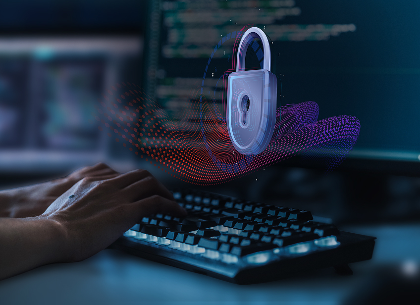 Cybersecurity-themed graphic showing hands typing on a keyboard with a digital lock and data wave overlay.
