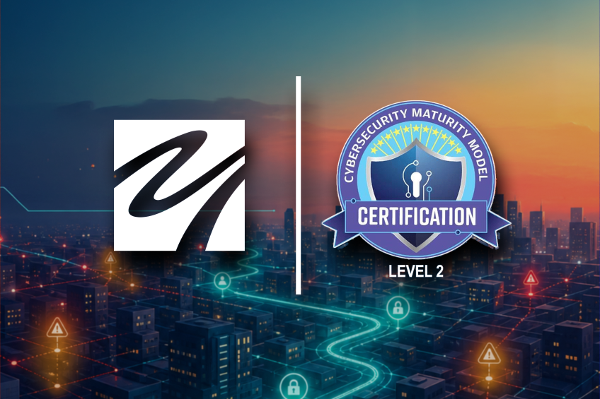 MarCom Group and CMMC Level 2 certification graphic over a digital cityscape with cybersecurity icons and network paths.