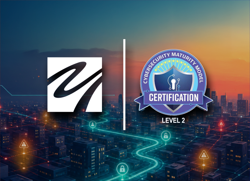 MarCom Group and CMMC Level 2 certification graphic over a digital cityscape with cybersecurity icons and network paths.
