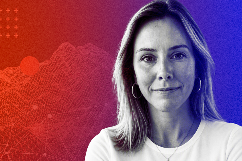 Portrait of a woman, Olivia Bird, over a red-to-blue gradient background with abstract network graphics.
