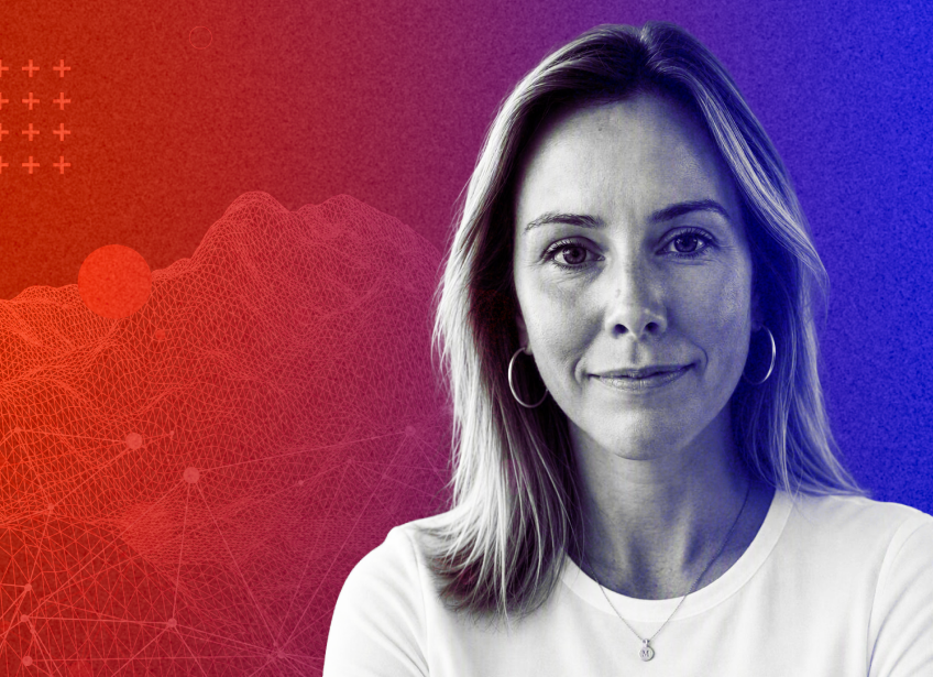 Portrait of a woman, Olivia Bird, over a red-to-blue gradient background with abstract network graphics.