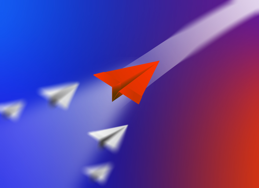 Red paper airplane flying ahead of white paper airplanes on a blue-to-red gradient background.